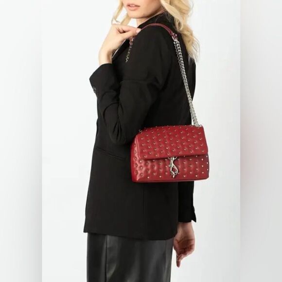Rebecca Minkoff Heart Studded Red Quilted Leather Adjustable Crossbody Bag - Picture 1 of 13